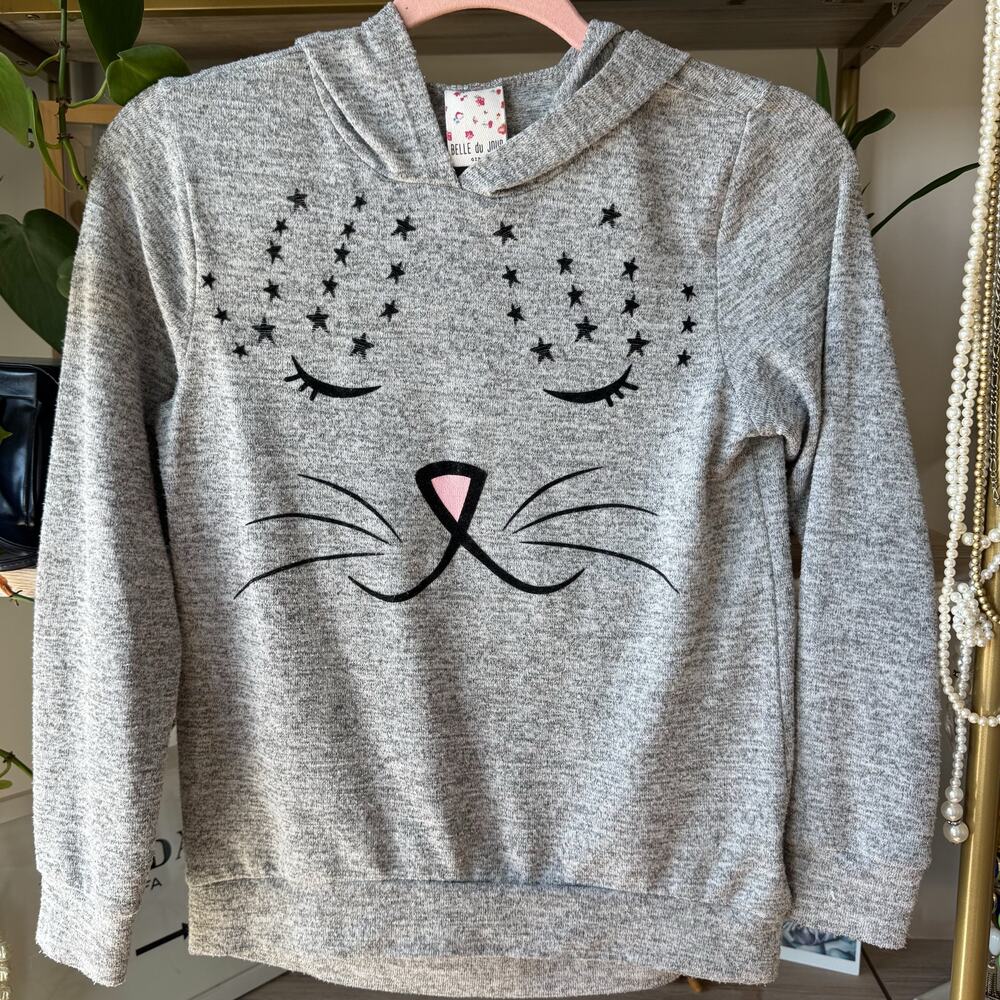 Belle Du Jour Girls Heather Grey Star & Cat Face Hoodie w/ Cat Ears - Medium
